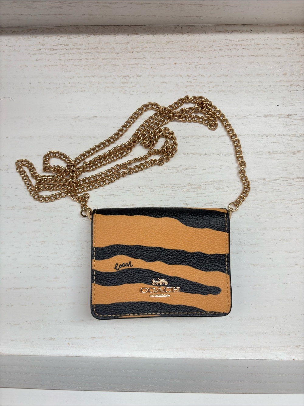 Coach Tan/Organeand Black Zebra Stripe Crossbody Wallet with Gold Chain